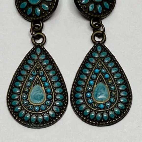 Turquoise Enamel Dangle Drop Earrings Coral Blue Bronze Tone Tear Drop 2 1/4” - Picture 3 of 10